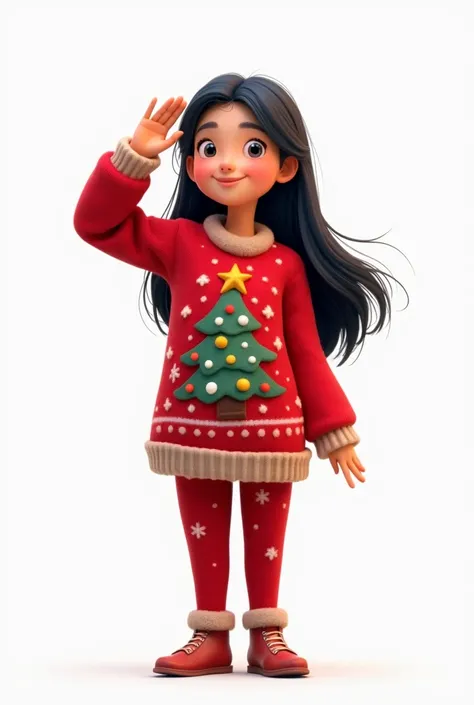 girl of normal build with Christmas sweater and Christmas pants without a hat long black hair, Saluting raising left hand with white background,  animated