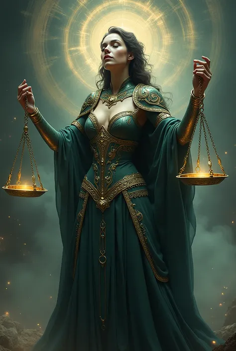 The libra witch in armor with closed eyes and scales in hand