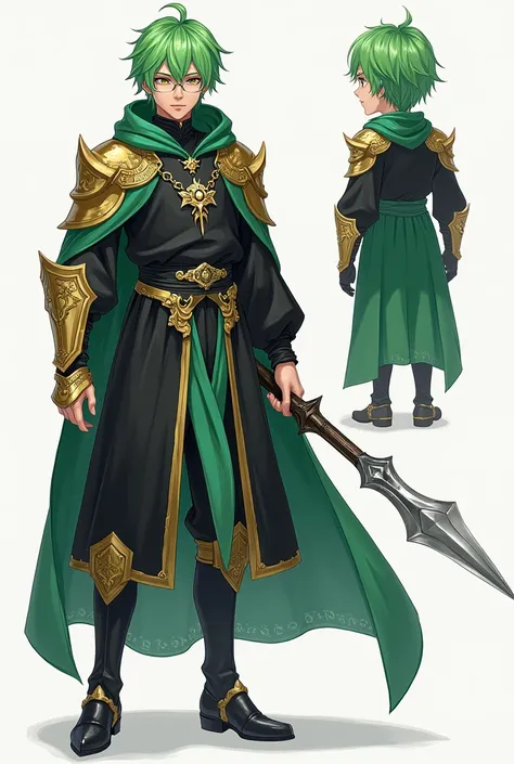  RPG character sheet with positions from various angles, male clergyman, with Large Steel Mittens with gold ornaments as weapons,  green hair, age 22 years, Necklace with sacred symbol , black and green clothes, with hood, No sword 