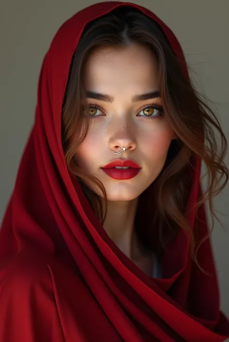 Beautiful Arabian girl 25 years old wearing hot burkha red lips, maroon hair nose piercing 