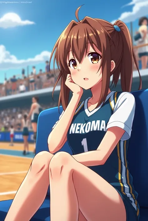 anime haikyuu,  a brown-haired woman in the booth, brown eyed, beige skin tone rather white , was in the volly room ,  wearing Jersey nekoma 