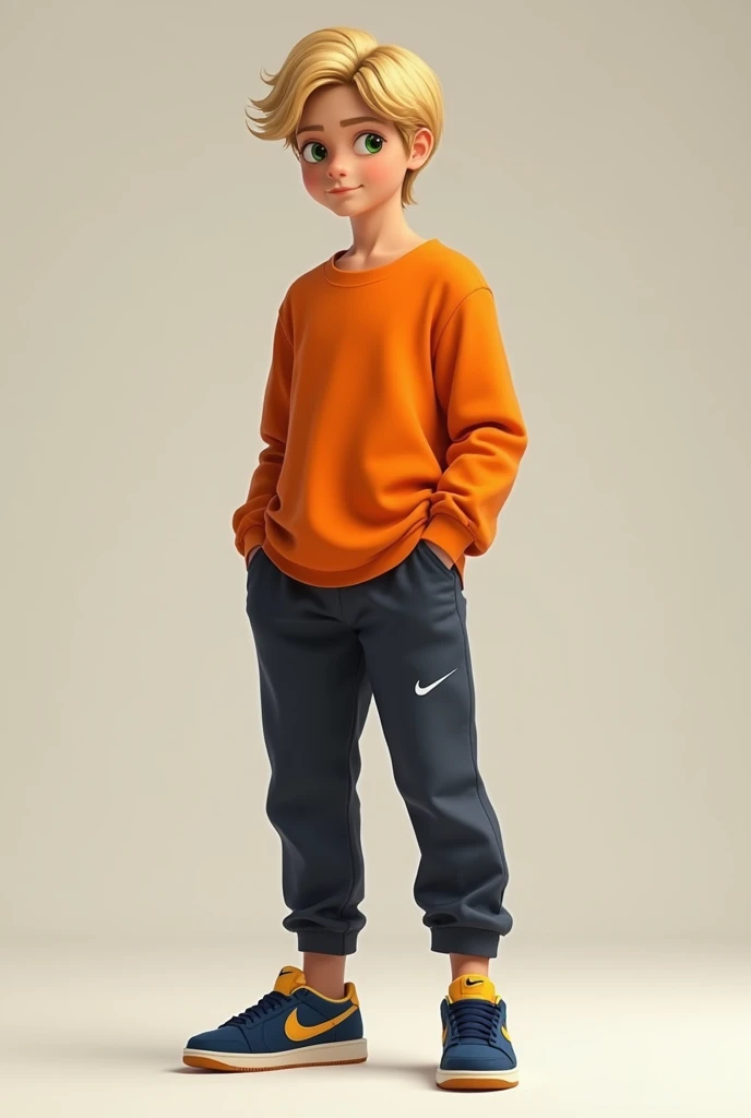 Teenage boy showing his full body short blond hair green eyes orange long sleeve shirt long pants dark blue sneakers from Nike Estrela Amarela 