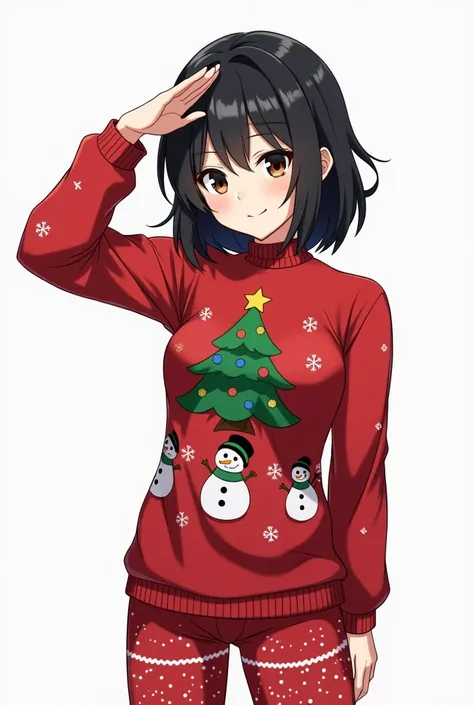   girl,  of normal build with a Christmas sweater with a little tree design in the red sweater,  and Christmas pants with details of a snowman ,  with extremely sexy black hair , Saluting raising his left hand with white background , His eyes are slightly ...