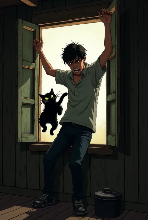 A young man from the village throws an evil black cat out the window.