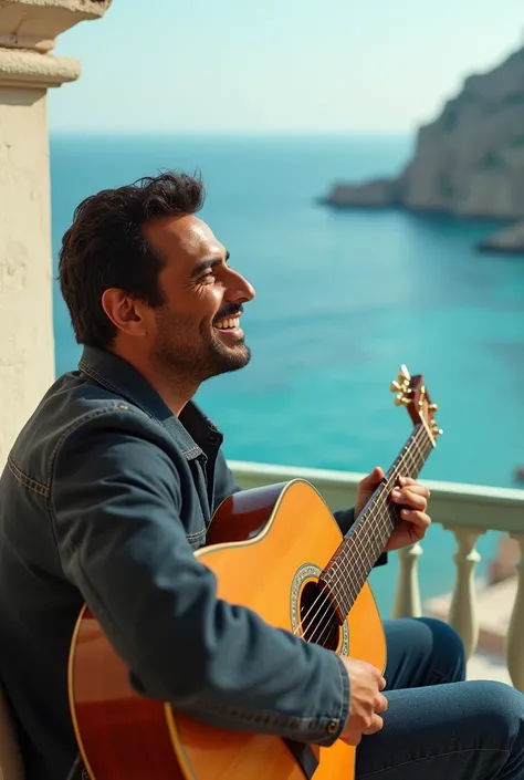 Egyptian singer Amr Diab sits on a balcony overlooking the sea with a guitar in his hand and is excited that he is starting a new filming