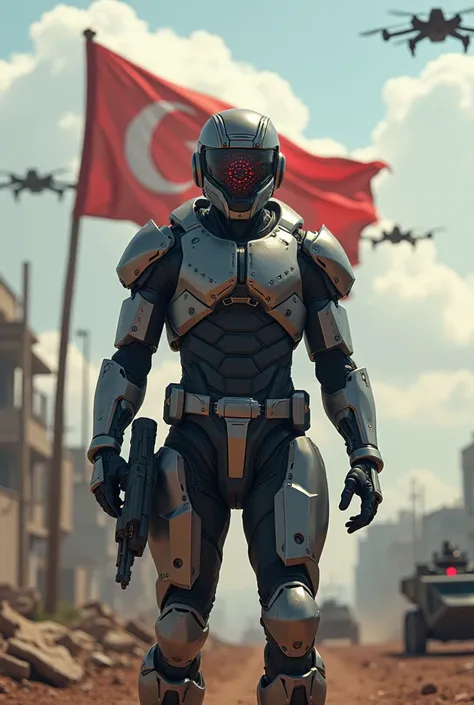 Excellent! Let&#39;s add some more details.  The hero has a helmet with a digital visor that displays data in real time . His movements are agile and precise ,  thanks to an exoskeleton that amplifies his strength and resistance . Behind him,  a futuristic...