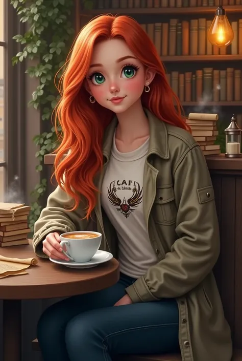 " Lily Luna Potter , Redhead in the Muggle world,  dressed in contemporary casual clothing : Dark jeans,  a t-shirt with a discreet logo related to Quidditch , and a light jacket.  She is sitting in a magical cafe in Diagon Alley , surrounded by books and ...