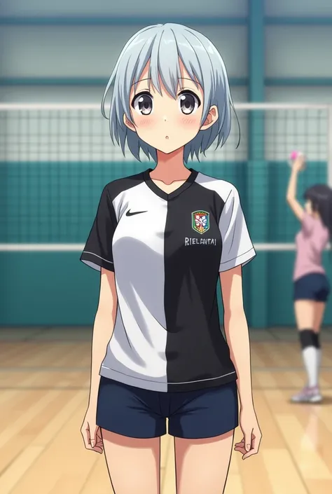 anime haikyuu,  a short gray-haired woman in the booth, ash-eyed young ash , beige skin tone rather white , was in the volly room ,  wears inarizaki jersey dyed black and white , in the anime haikyuu  