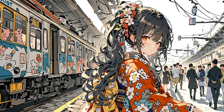 (very crowdy station:1.6),(very crowdy station:1.6),(very crowdy station:1.6),(Overcrowded crowds:1.4),(Overcrowded crowds:1.4),(Overcrowded crowds:1.4),(people wearing kimono for New Years Celebration),solo,1girl(cute, kawaii,small ,black hair with blue d...