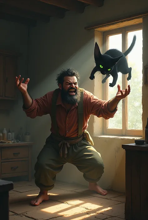 A young man from the village with a short beard is 
furious and throws an evil black cat out the window.