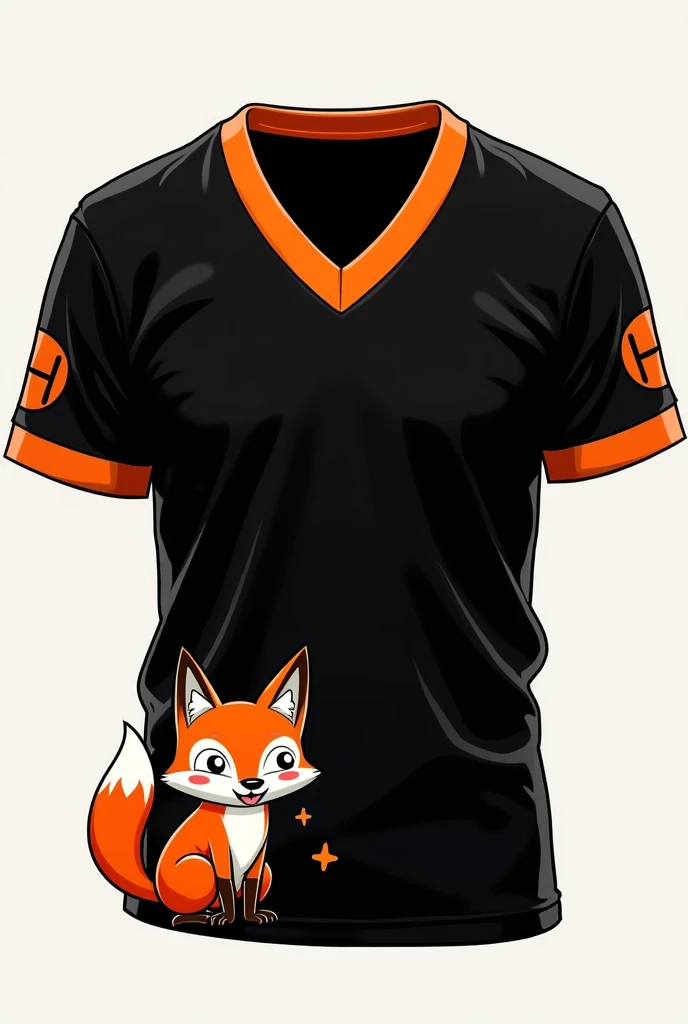 Create a black t-shirt for Interclass front orange v-neck and sleeve with orange detail and a fox near the hem of the blouse