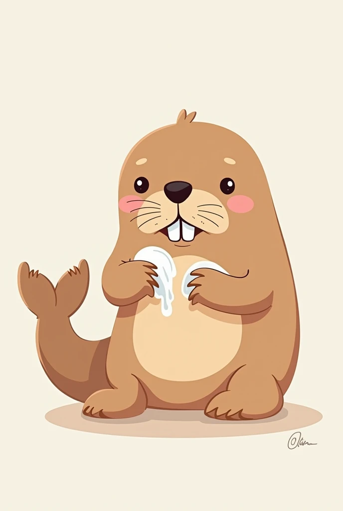 A cute illustration-style walrus applying cream to the skin for skin care、coastal