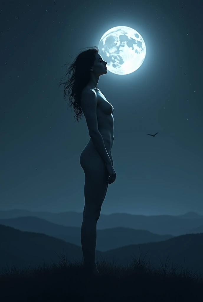 A naked girl looking at the moon