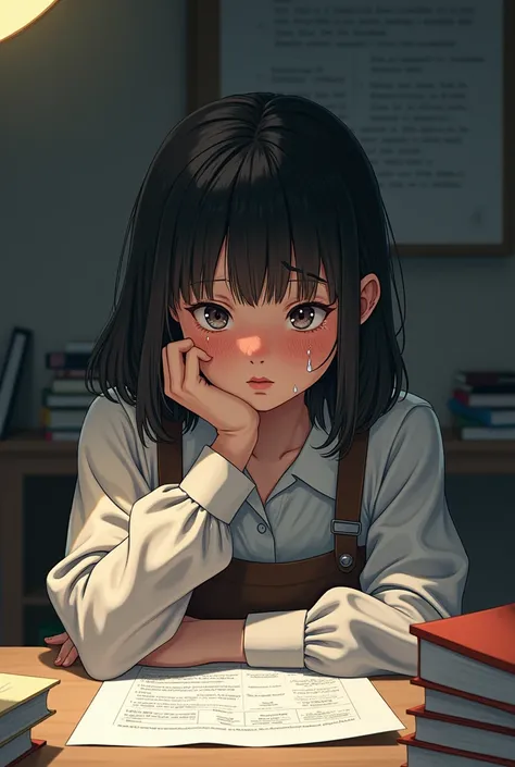 A nerdy girl crying on her seat  ,  while doing a homework the girl has dark hair and light eyes, a white complexion and with some freckles on her face