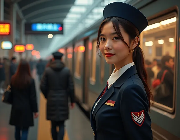 a crowded train station at the end of the year, beautiful uniformed female station attendant with a smiling expression, train platform, train, signage, bright lighting, (best quality,4K,8k, highres icon,masterpiece:1.2),ultra-detailed,(realistic,photoreali...