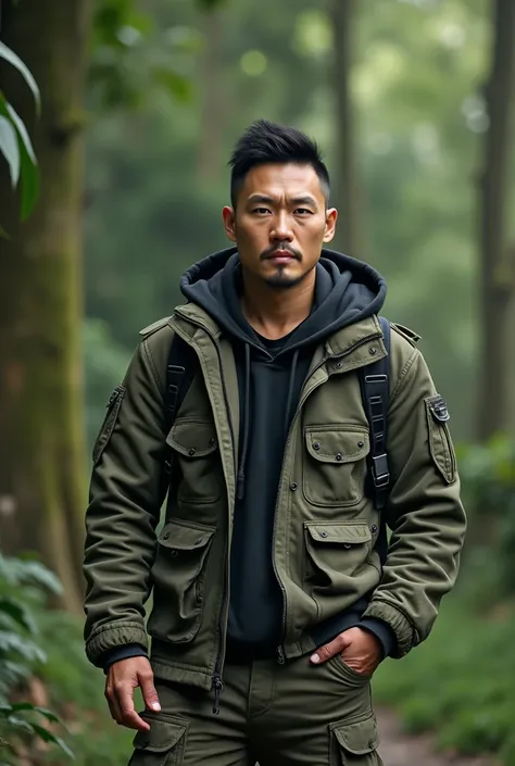 Professional photography of a handsome arafed man of Korean race with razor cut hair, 35 years old, height 185 centimeters, weight 82 kilograms, wearing a shirt wearing a camouflage trousers jacket with a striped motif, a combination of green, black and da...