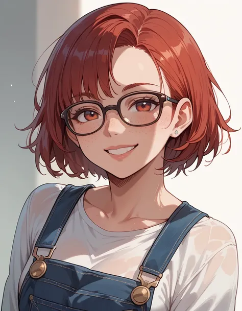  1 girl,  short red hair, Glasses, Freckles,  Overalls,  smile,  