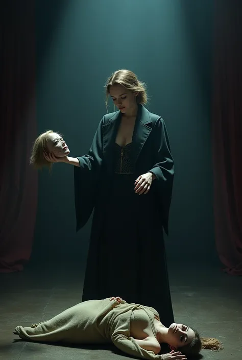 young female magician on a stage with a top hat standing holding young blonde female assistants decapitated head while the headless body  of the assistant is in a potato sack