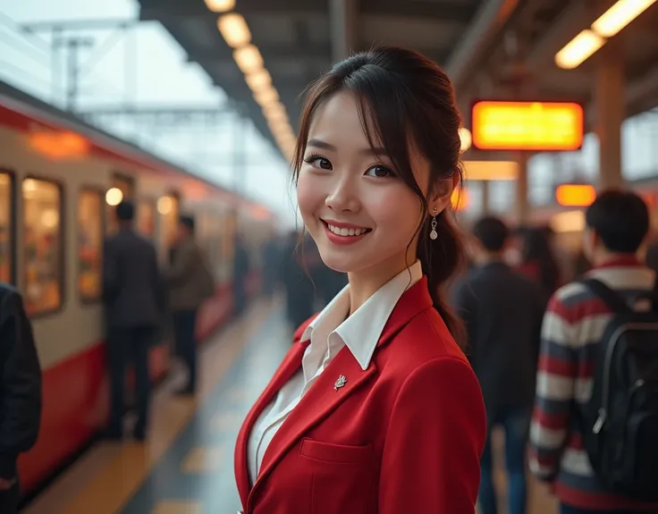 a girl in a train station, smiling female station attendant in uniform, train platform, bright lighting, crowded station, end of the year, bustling station, detailed facial features, beautiful detailed eyes, beautiful detailed lips, extremely detailed face...