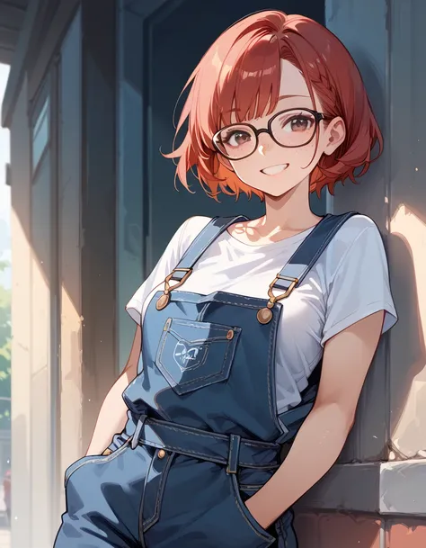  1 girl,  short red hair, Glasses, Freckles,  Overalls,  smile,  