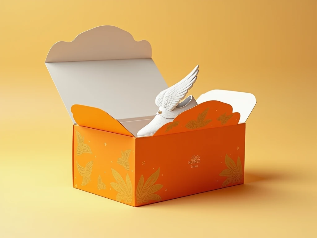 form:  Packaging will be a wing-shaped box that symbolizes the Fast movement of Hermes.  The box will have a curved design with rounded edges ,  creating a silhouette that recalls the wings of a messenger when flying ,  is opened so that the footwear  "see...