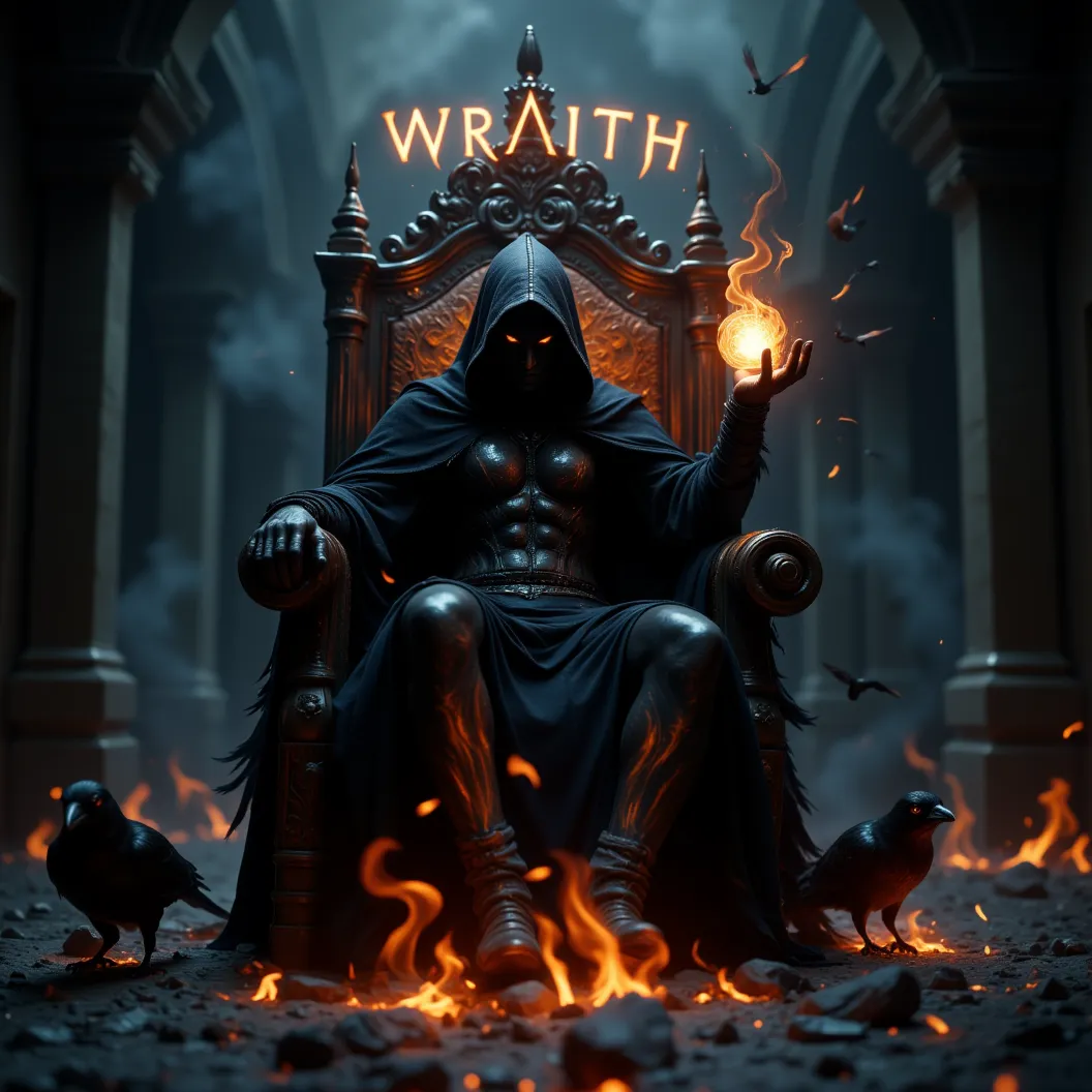 depict a wraith king. armored in intricately carved black shadow armor. long hooded black feathered cloak that hides his face. s...