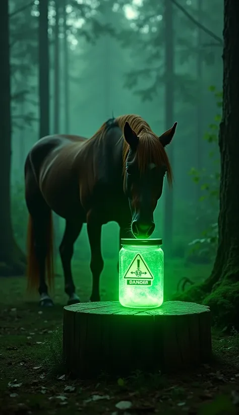 "A horse curiously examining a glowing green toxic jar with a danger sign, placed on a wooden platform in a dense forest. The scene features a cinematic composition, photorealistic details, eerie glowing green light reflecting off the horses sleek coat, a ...