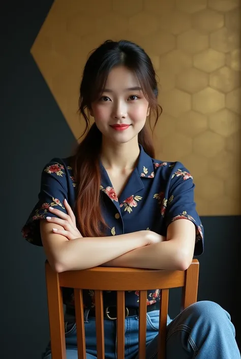 A cinematic fashion photo of a beautiful Thai-Korean woman with chubby cheeks, shiny lips, smile sweet long rose brown ombre brown ponytail hair down to her shouder hair and expressive eyeliner. She is wearing a navy floral-print short sleeved shirt and bl...