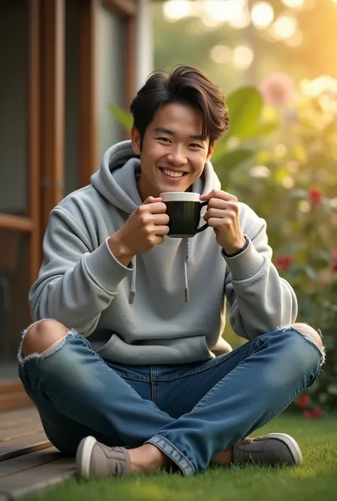  A handsome man berparas jepang tersenyum wearing an ash hoodie ripped jeans is sitting while enjoying a glass of black coffee, sunny morning atmosphere in the home yard 