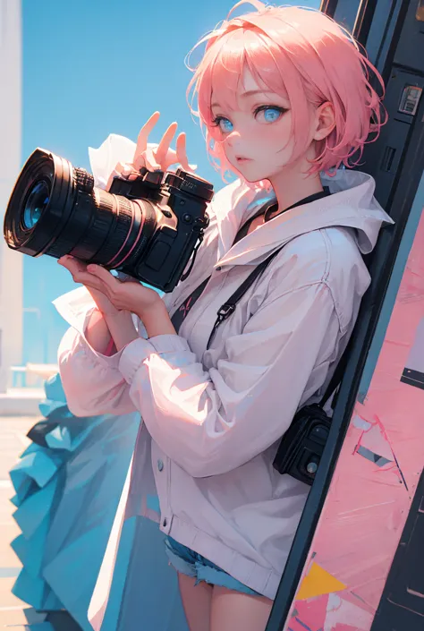 1lady,cute,(((pink short hair,blue eyes))),
she is taking a photo,photograph,hold a camera,
outdoor,sunny,sunshine,