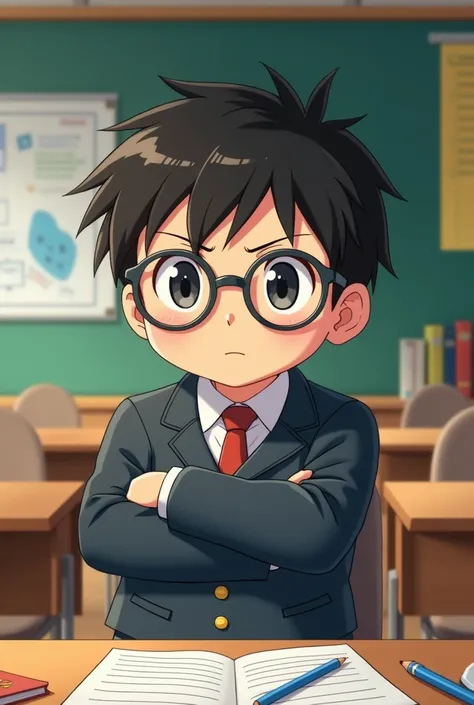 Create a semi-fat anime boy with glasses who has a determined personality in a classroom