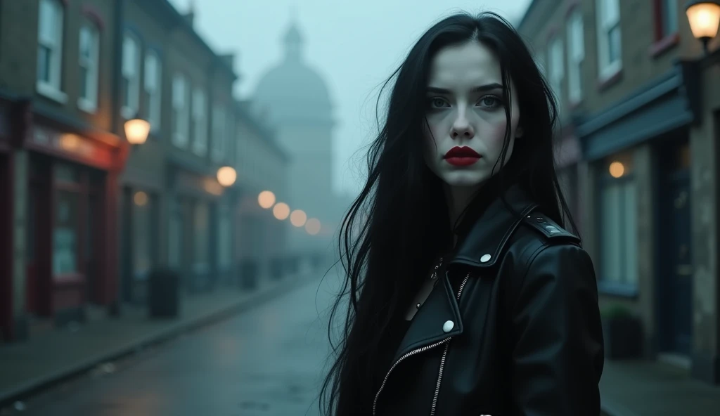 Luis Royo Style young woman, black leather rock style, very white skin, black long hair, red color lipstick on her lips, cold mystery cloudy cost of England, Luis royo, portrait, looking straight into the camera , A foggy, abandoned small-town street at du...