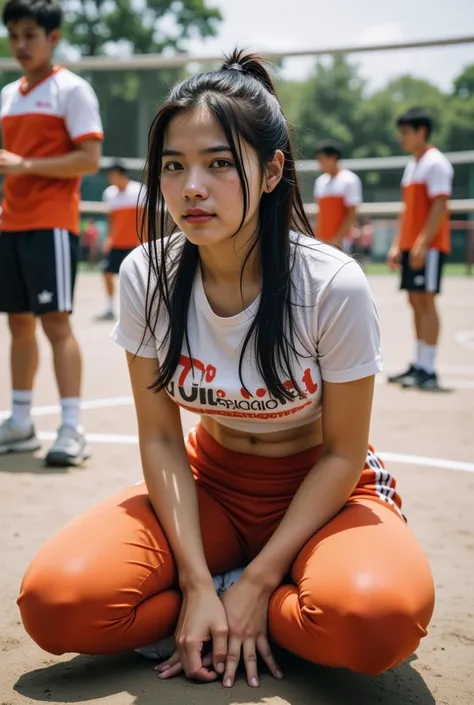  Indonesian woman .  Sweatshirt smeared sweat soaked shirt. wet body. ((White Stripe Orange Stripe Long Sleeve Trining Tracksuit)). ((Long to toe orange color white stripe trining pants))  Full Body Print Shirt : ((SMAN II AI )). Cross-legged Dudu On Volle...