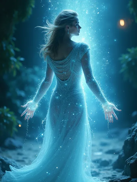 woman glowing in fine light particles, brilliant sparks and showers, ethereal, luminous, dynamic composition, rich textures, blue, turquoise, bright white