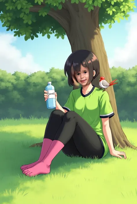  girl, green jersey,  black pants , pink socks,  in the right hand a bottle of water, sitting on the grass ,  behind a tree and shrubs ,  a bird on the shoulder , 