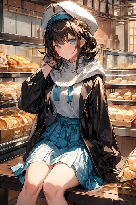 masterpiece, 1girl, sparrow, a brown haired girl, wearing a white medieval priestess clothes, curly short hair, messy hair, slim body, wearing golden capelet with hoody, he close her left eye, shirt ornament, aqua eyes, sho show her back, ahoge, black vest...