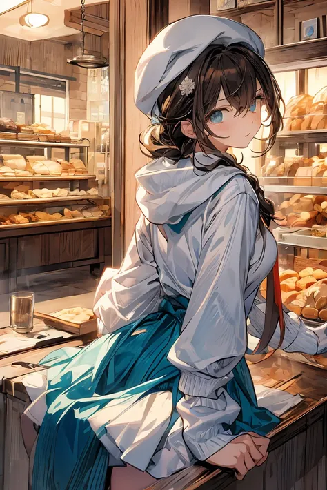 masterpiece, 1girl, sparrow, a brown haired girl, wearing a white medieval priestess clothes, curly short hair, messy hair, slim body, wearing golden capelet with hoody, he close her left eye, shirt ornament, aqua eyes, sho show her back, ahoge, black vest...