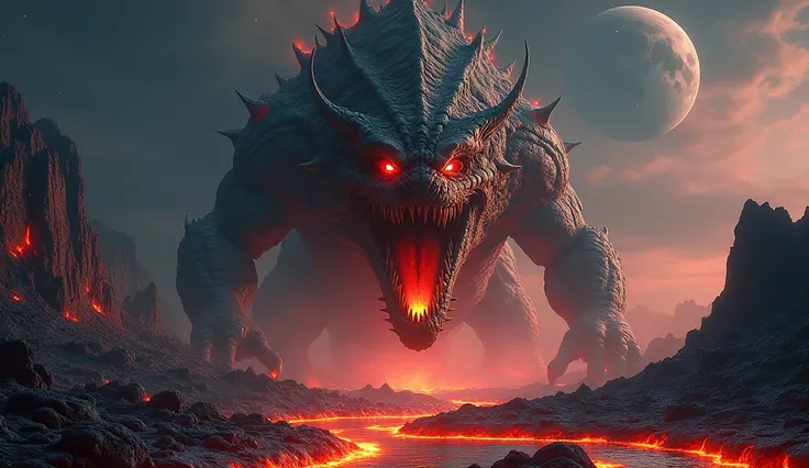 A colossal, menacing creature made of jagged stone and molten rock, towering amidst a dramatic volcanic landscape. Its glowing red eyes exude a fierce intensity, and its mouth, filled with sharp teeth, belches flames. The backdrop features a dark, starry s...