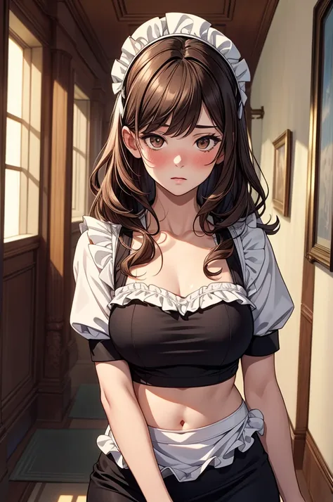 ((masterpiece, best quality:1.3, high detail)), beautiful woman, looking at viewer, long wavy hair, (brown hair), full-face blush, (blouse), (long black pencil (skirt)), maid headdress, maid apron, midriff, navel, collarbone, (lower body), (realistic), (re...