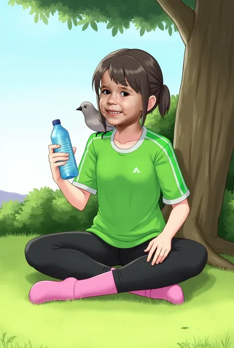  girl, green jersey,  black pants , pink socks,  in the right hand a bottle of water, sitting on the grass ,  behind a tree and shrubs ,  a bird on the shoulder , 