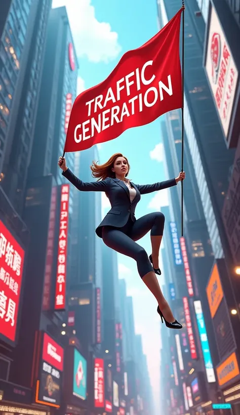 3d art style businesswoman swinging through a cityscape, holding a giant “Traffic Generation” banner, 