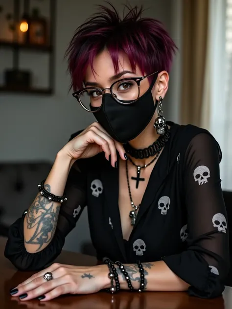  A beautiful woman, with her short hair ,  with the color spiky black like pink ,  with her black skull blouse from cold ,  with a black mask ,  dark brown eyes nail painted black, cross earrings in the ear , and glasses, rocker style, with cord and hand o...