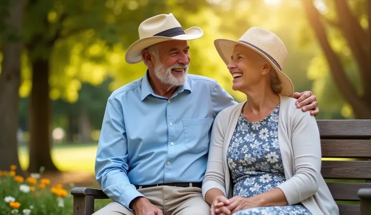 Create a highly realistic and detailed image of a senior couple enjoying a sunny day outdoors. The couple should appear joyful and content, embodying the essence of happiness and companionship in their golden years. The setting is a picturesque park with l...