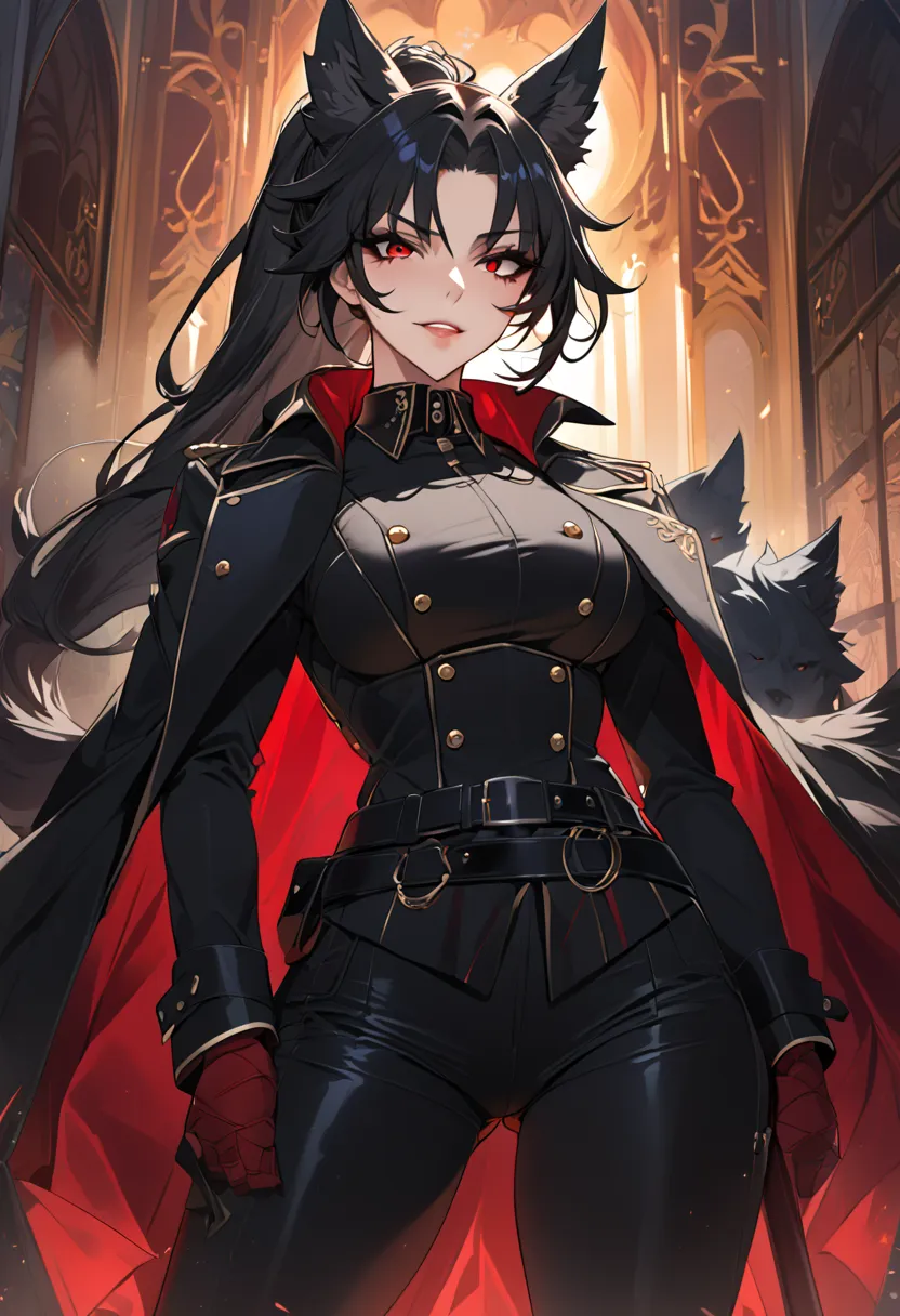 beautiful anime woman wearing a black military trench coat, tight black jeans pants, wolf ears, wolf tail, half wolf and half hu...