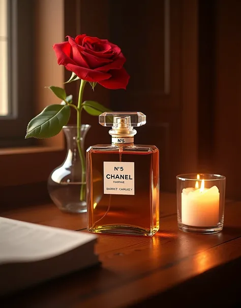 Chanels No. 5 perfume 、 glass bull with 1 red rose stuck on a cherry wood desk－ is stuck in the vase 、candle light, in home,( super detailed,   High Details  ,  High Quality , Accurate,  anatomically correct , textured skin, beautiful fingers  super detail...