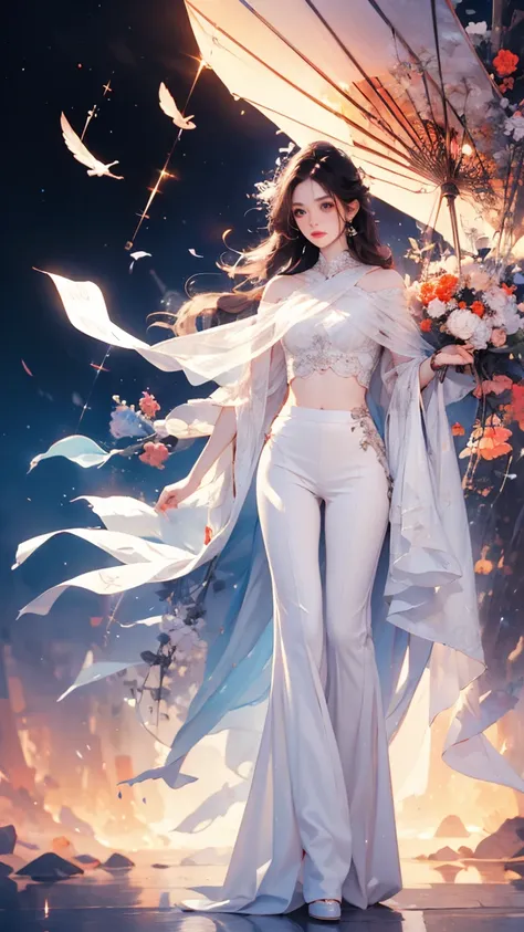 masterpiece,  Beautiful Urban Female Model,  Full body white transparent clothing ， standing in the open night sky , Disappearing transparent pants ,  full body standing on the forehead , Tall people,  Slim Legs ,   Face Detail  , Detailed Body Part Detail...