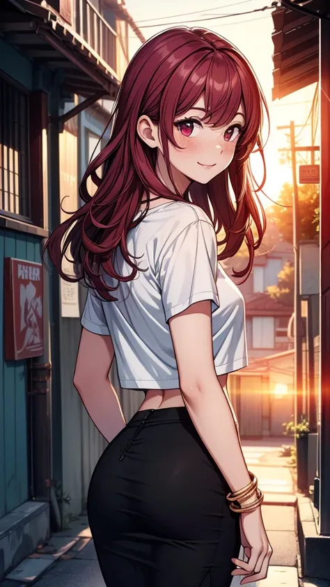 ((masterpiece, best quality:1.3, high detail)), beautiful woman, smile, view from behind, looking back, medium wavy hair, (maroon hair), full-face blush, (white t-shirt cropped), (long black pencil (skirt)), midriff, navel, necklace, bracelets, collarbone,...