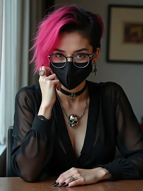  A beautiful woman, with her short hair ,  with the color spiky black like pink ,  with her black skull blouse from cold ,  with a black mask ,  dark brown eyes nail painted black, cross earrings in the ear , and glasses, rocker style, with a cord and with...