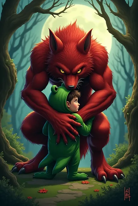 A red-colored werewolf hugging a boy in a frog costume
