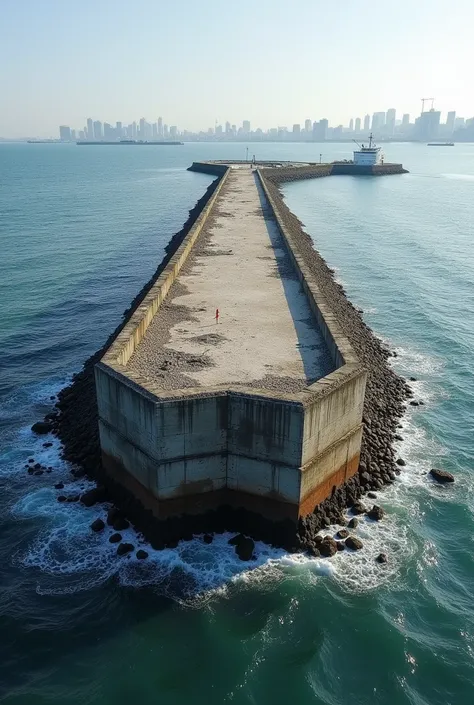 Create the breakwater in Mar del Plata when they hadnt finished building it yet,  It must be a breakwater made of stone, Let it be seen that it is Mar del Plata in the background, Let the sea be seen on both sides of the breakwater